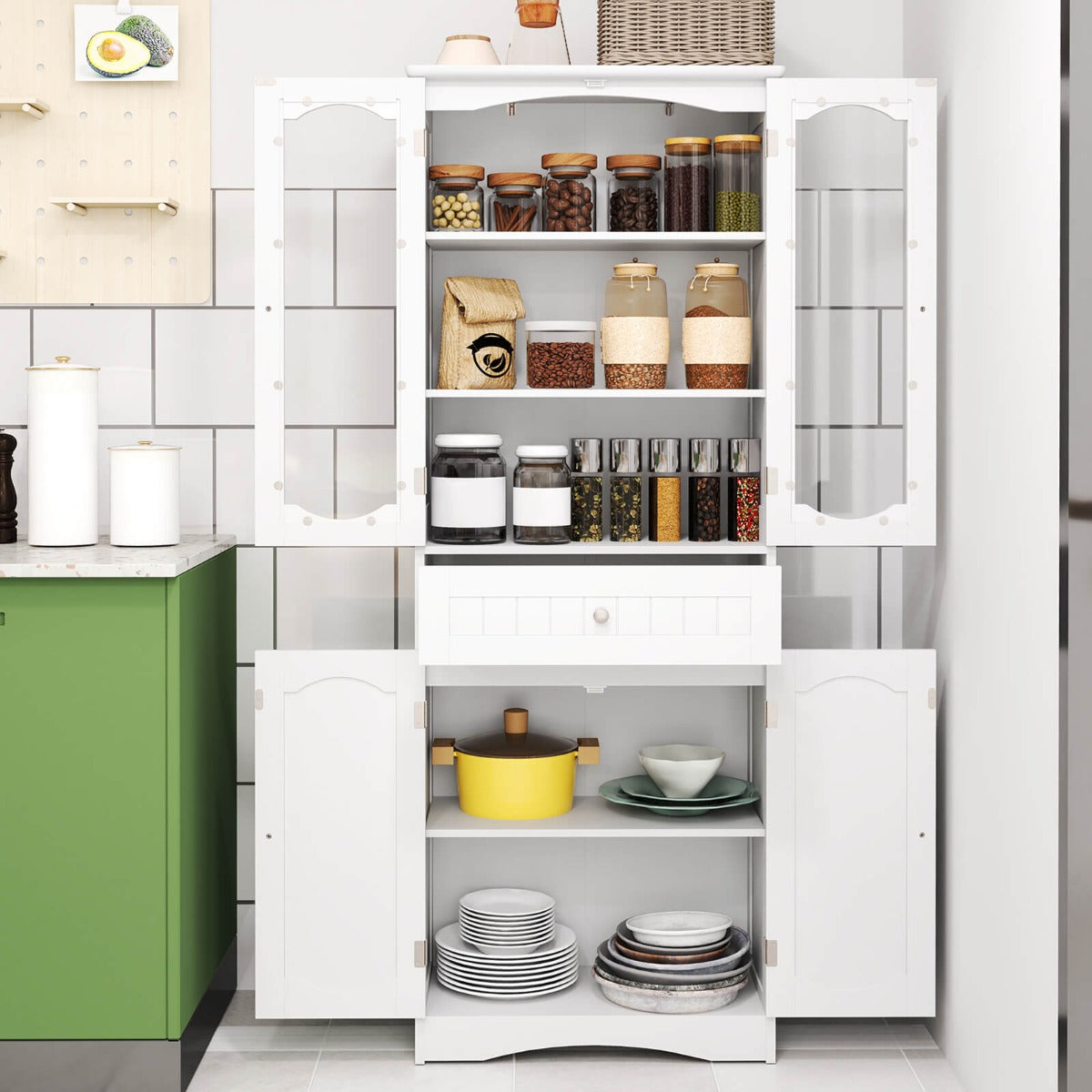 160cm Freestanding Linen Tall Bathroom Storage Cabinet with 2 Glass Doors-White