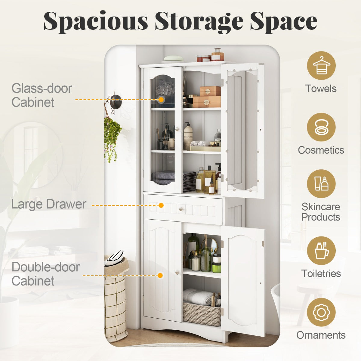 160cm Freestanding Linen Tall Bathroom Storage Cabinet with 2 Glass Doors-White