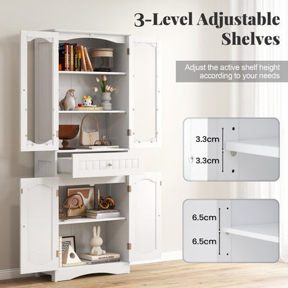 160cm Freestanding Linen Tall Bathroom Storage Cabinet with 2 Glass Doors-White