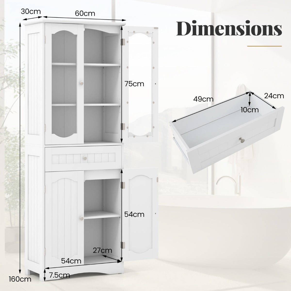 160cm Freestanding Linen Tall Bathroom Storage Cabinet with 2 Glass Doors-White