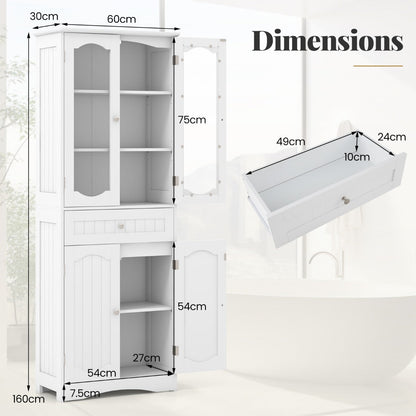 160cm Freestanding Linen Tall Bathroom Storage Cabinet with 2 Glass Doors-White