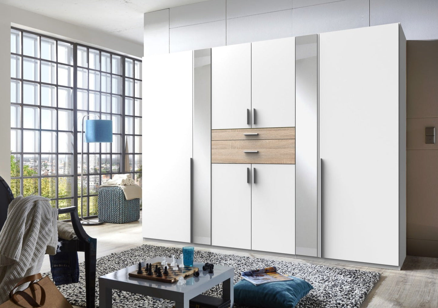 Odense 6 Door Mirrored Wardrobe - White And Oak