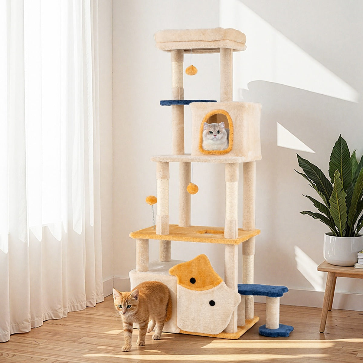 163 cm Large Kitty Tower with 2 Condos and Removable Plush Perch-Yellow