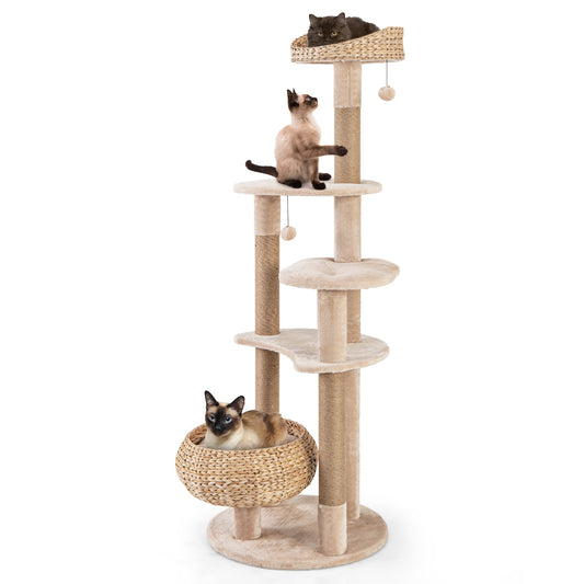 164 cm Cat Tree with Jute Scratching Posts and Dangling Balls-Beige