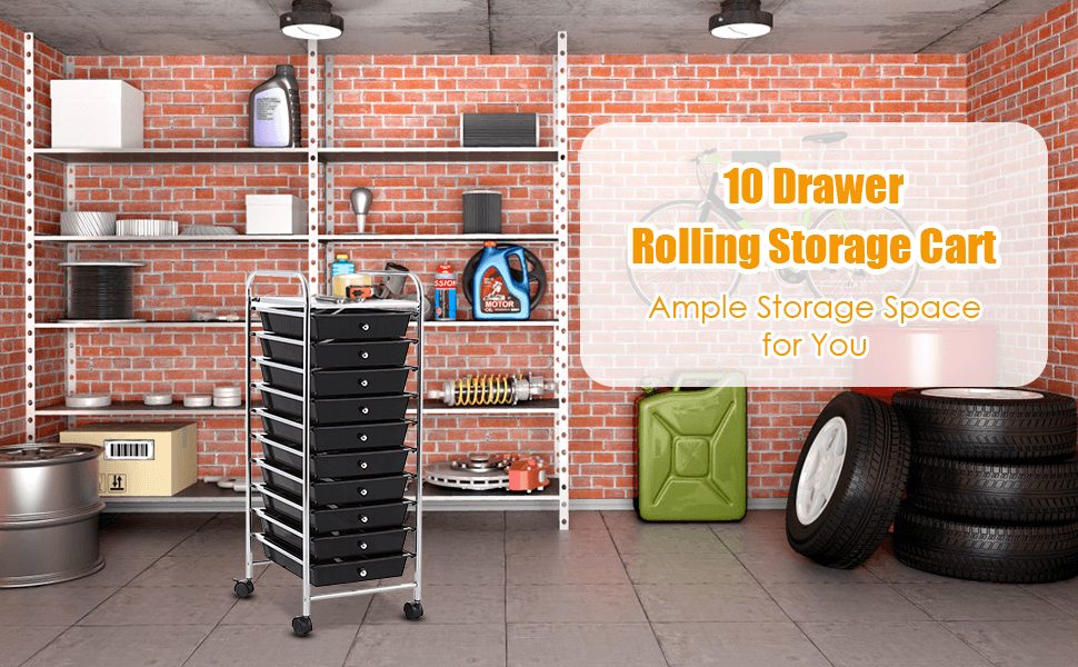 10 Drawers Mobile Storage Trolley with 4 Wheels for Beauty-Black