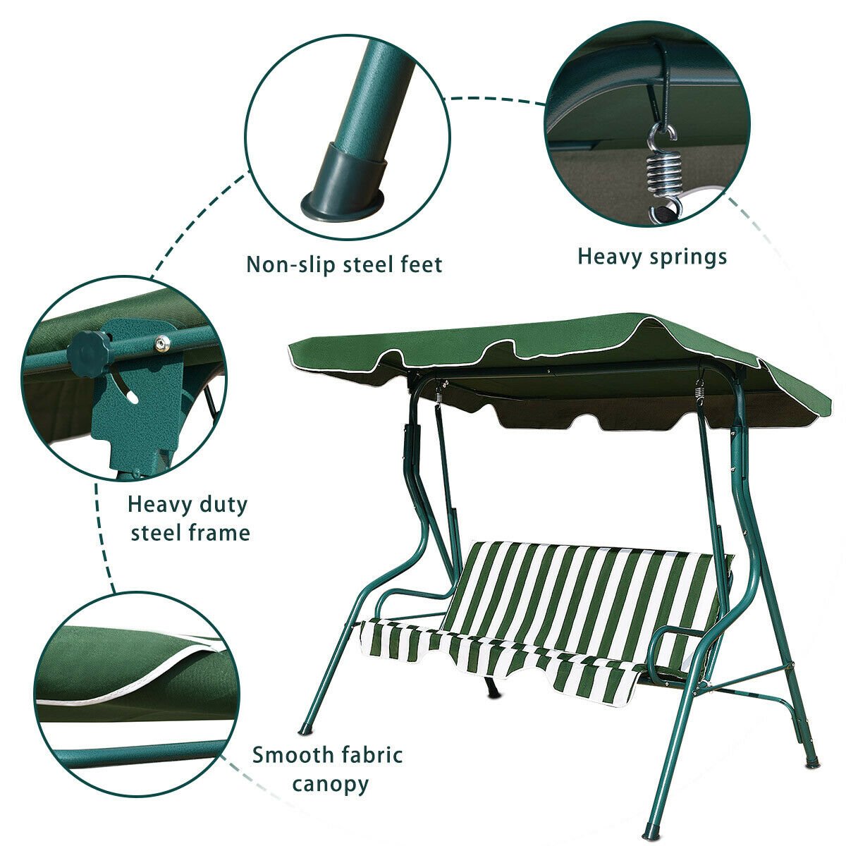 Garden Patio Metal Swing 3 Seater Lounger-Green
