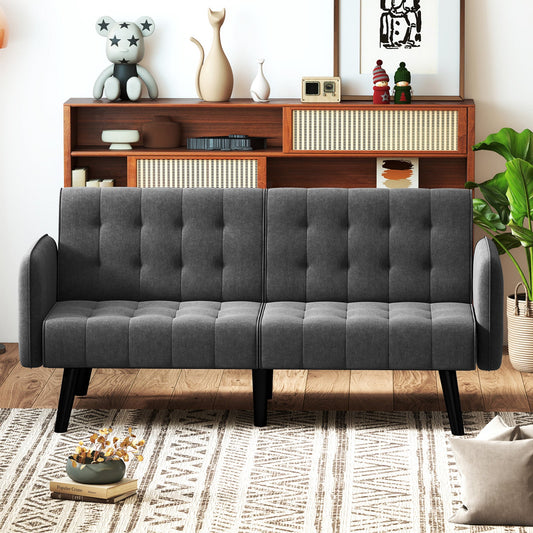 164 CM Convertible Futon Sofa Bed with 3-Position Adjustable Backrests-Grey