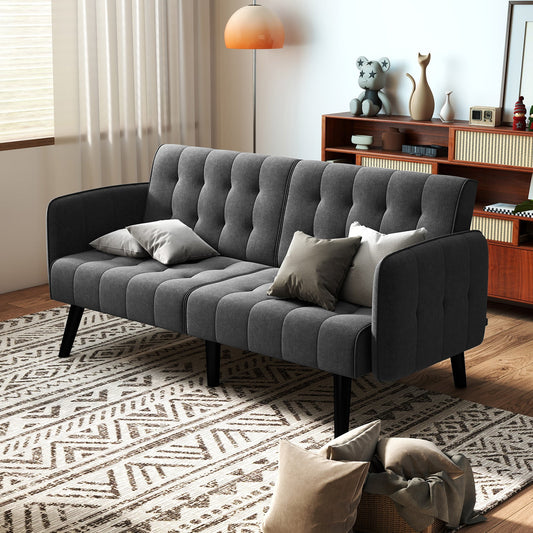 164 CM Convertible Futon Sofa Bed with 3-Position Adjustable Backrests-Grey