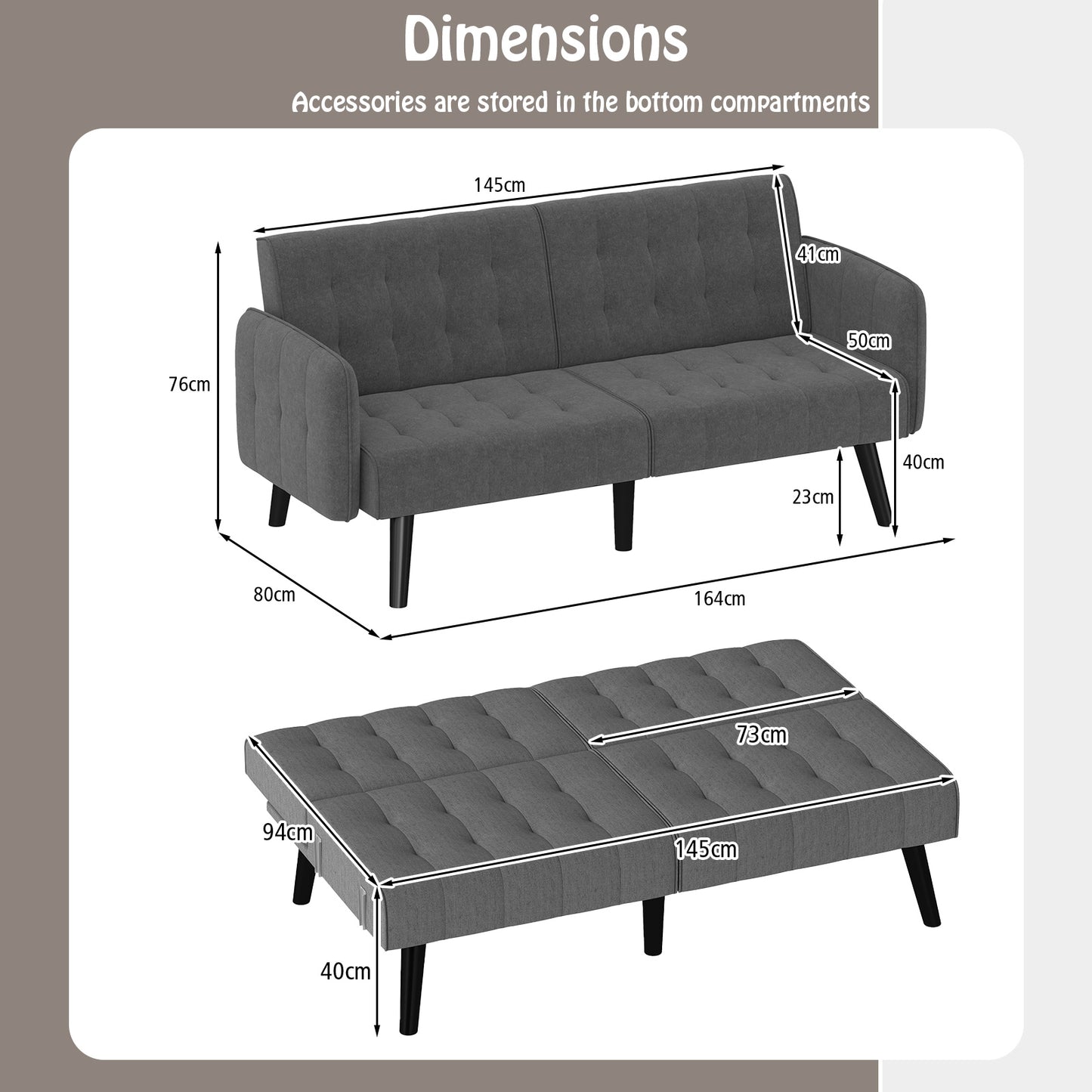 164 CM Convertible Futon Sofa Bed with 3-Position Adjustable Backrests-Grey