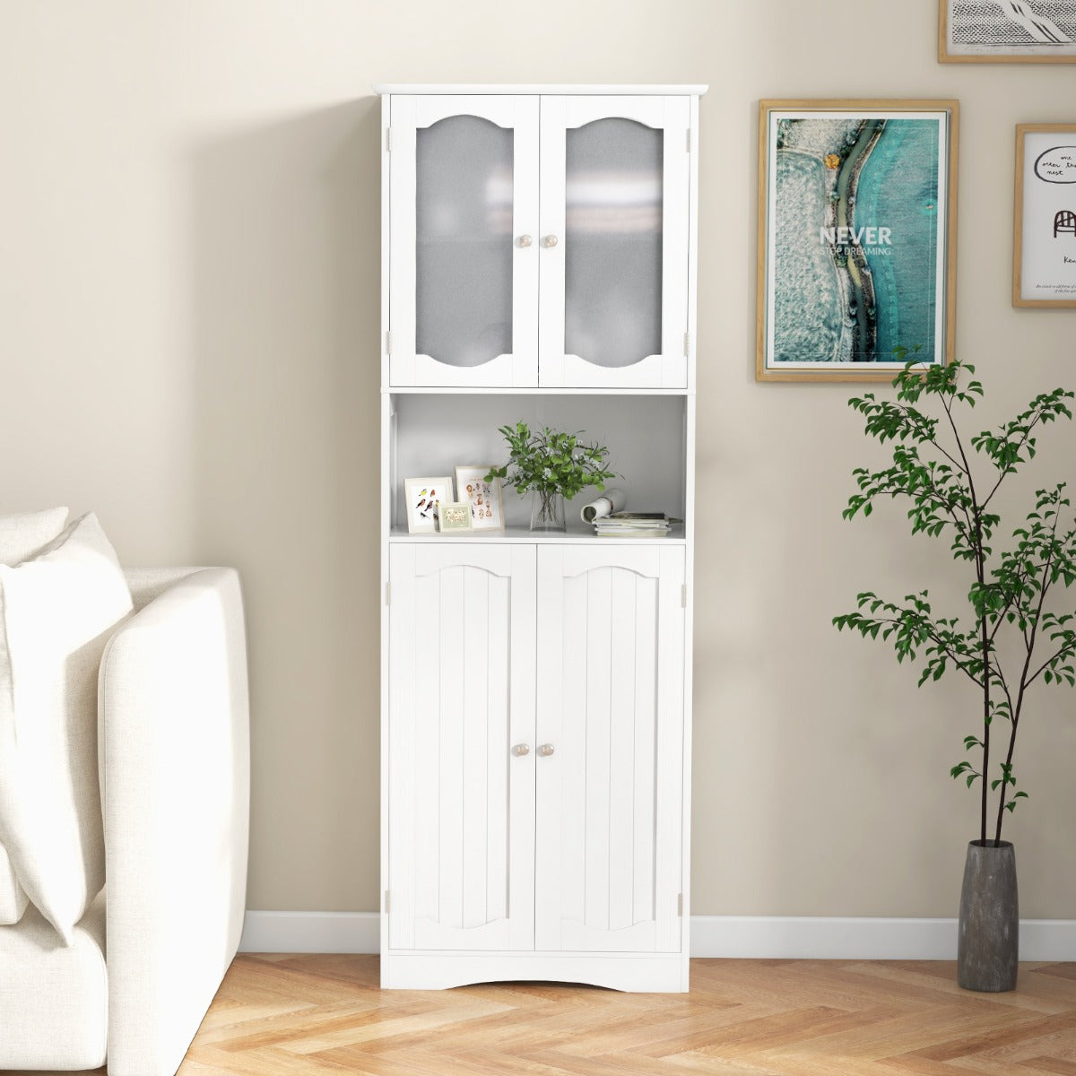 64.5 Inches Tall Bathroom Storage Cabinet with Frost Glass Doors and Shelves-White
