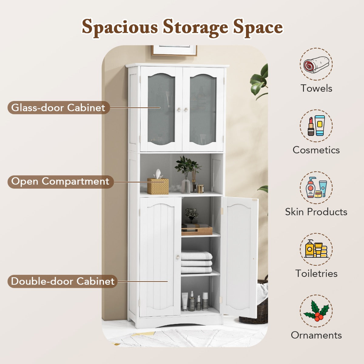 64.5 Inches Tall Bathroom Storage Cabinet with Frost Glass Doors and Shelves-White