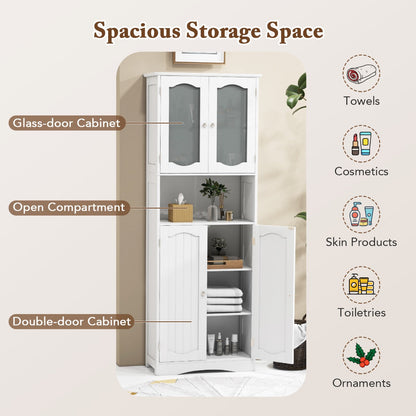 64.5 Inches Tall Bathroom Storage Cabinet with Frost Glass Doors and Shelves-White