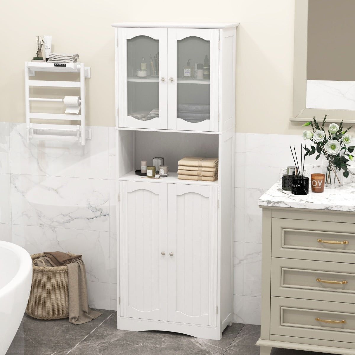 64.5 Inches Tall Bathroom Storage Cabinet with Frost Glass Doors and Shelves-White