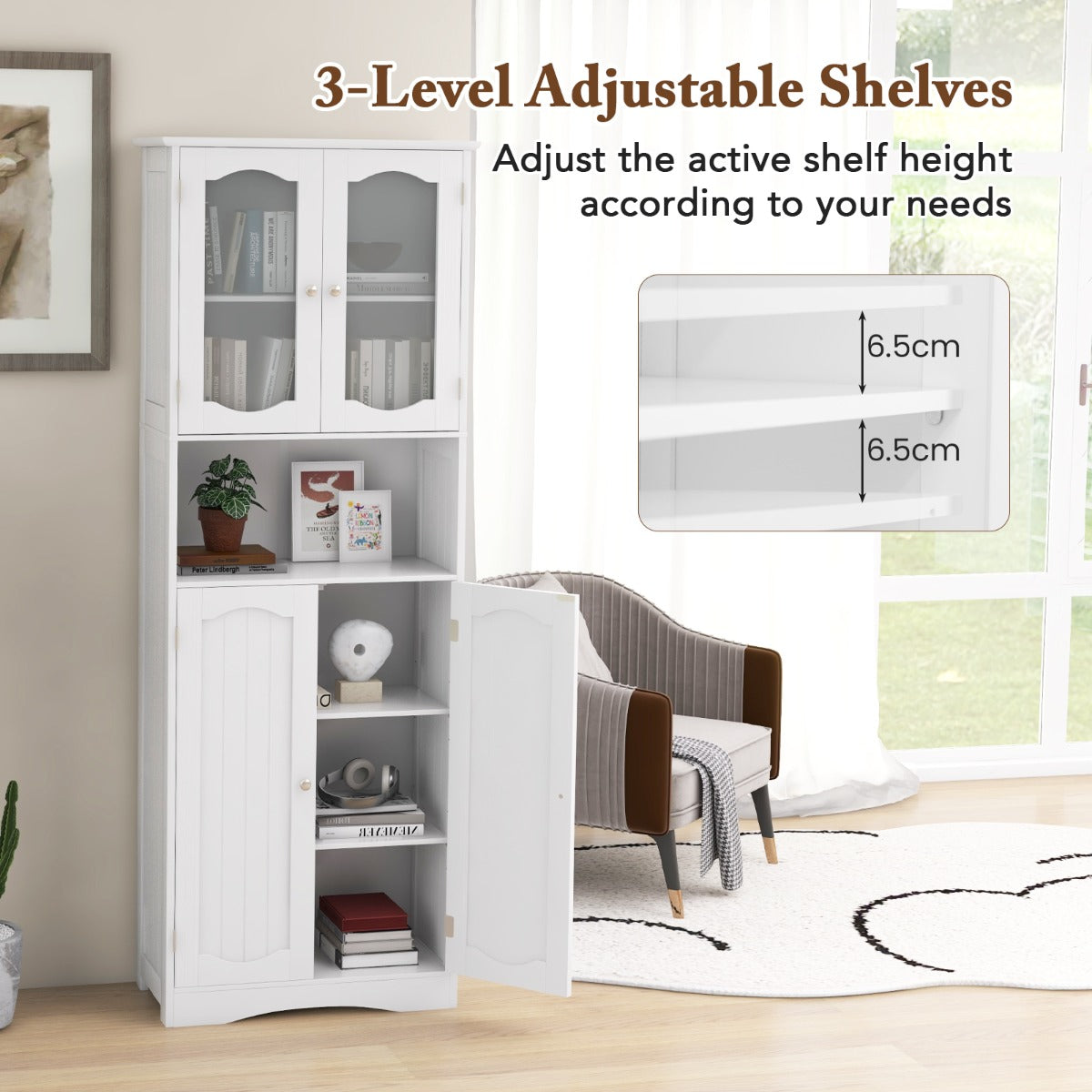 64.5 Inches Tall Bathroom Storage Cabinet with Frost Glass Doors and Shelves-White