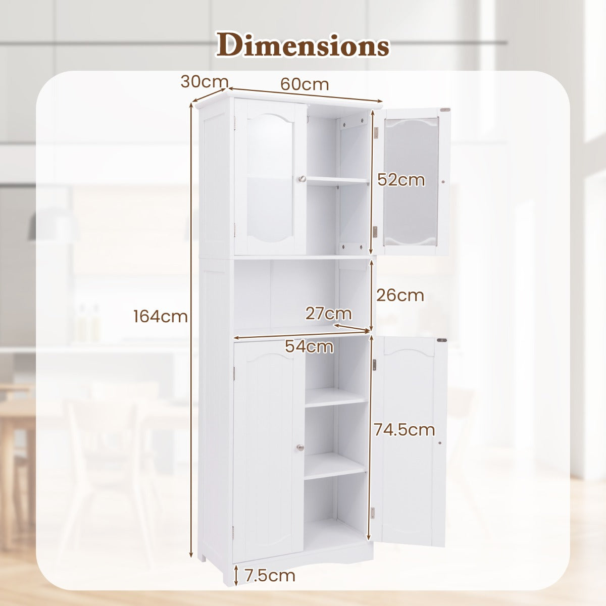 64.5 Inches Tall Bathroom Storage Cabinet with Frost Glass Doors and Shelves-White