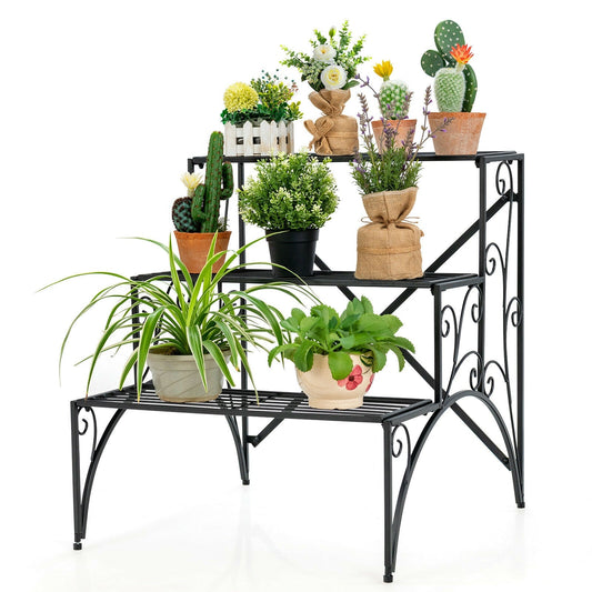 3 Tier Stair Style Metal Plant Stand Garden Shelf Flower Pot Display Rack-Black