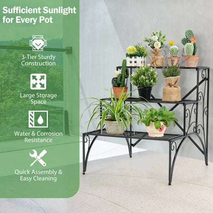 3 Tier Stair Style Metal Plant Stand Garden Shelf Flower Pot Display Rack-Black