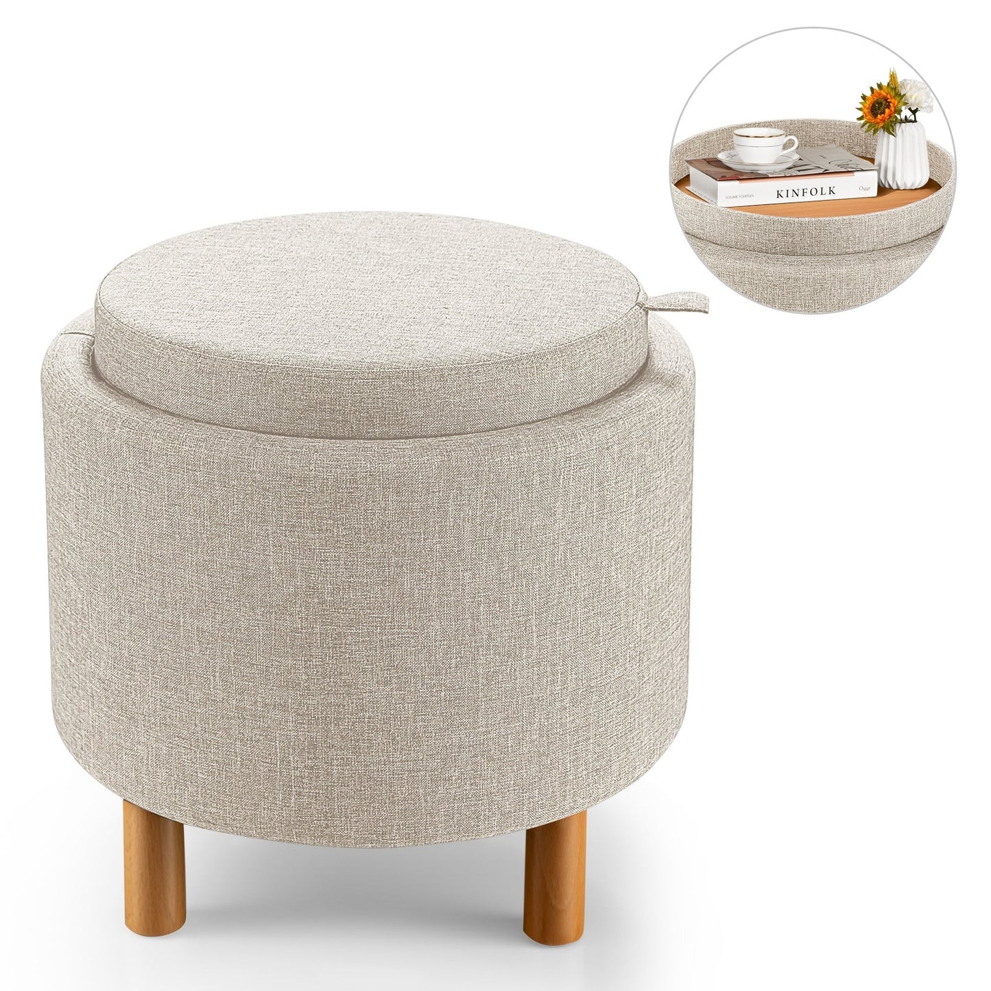 Modern Round Padded Storage Ottoman with Hidden Storage Space-Beige