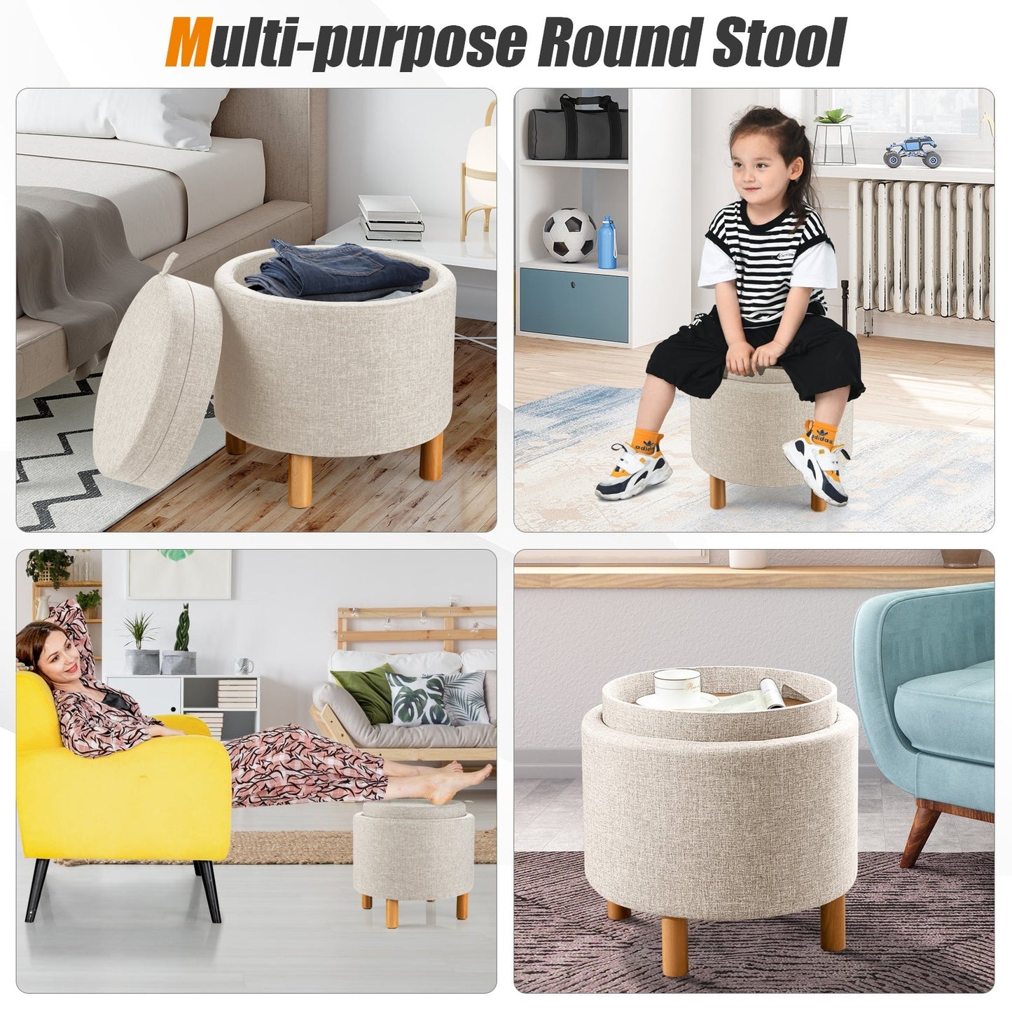 Modern Round Padded Storage Ottoman with Hidden Storage Space-Beige