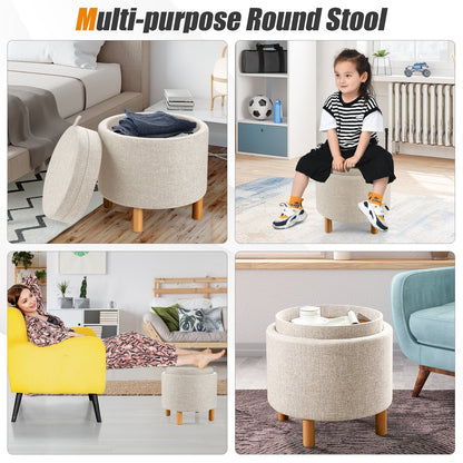 Modern Round Padded Storage Ottoman with Hidden Storage Space-Beige