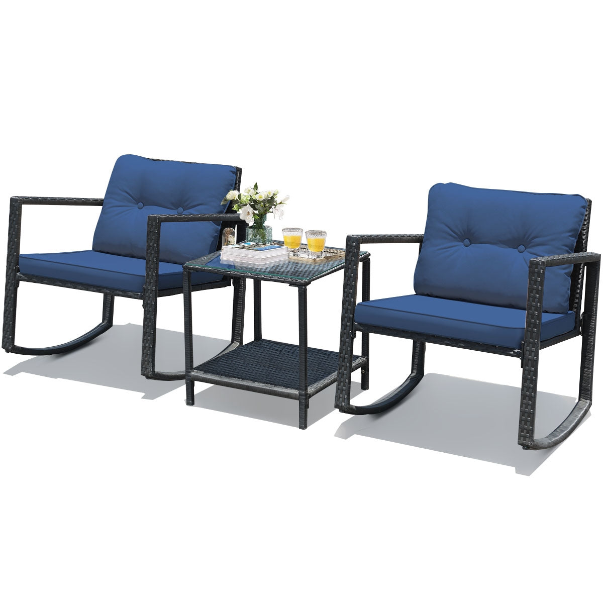 3 Pieces Outdoor Rocking Bistro Set for Garden, Backyard &amp; Poolside-Navy