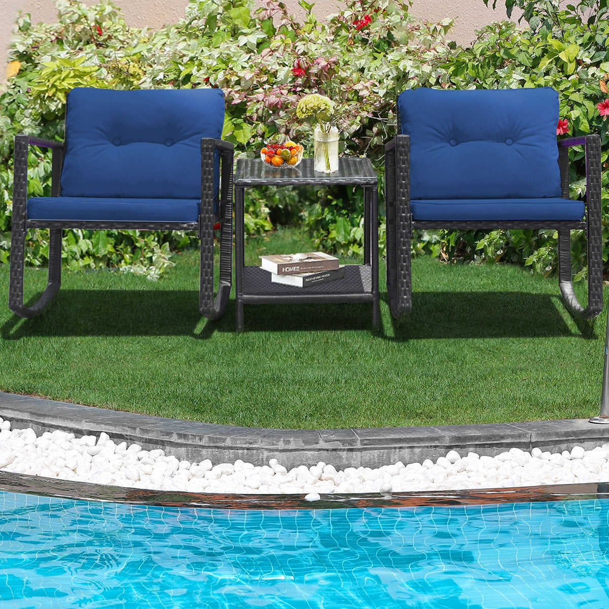 3 Pieces Outdoor Rocking Bistro Set for Garden, Backyard &amp; Poolside-Navy