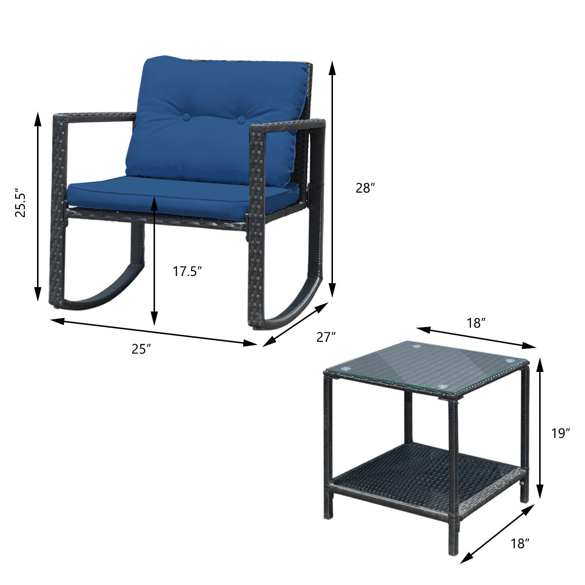 3 Pieces Outdoor Rocking Bistro Set for Garden, Backyard &amp; Poolside-Navy