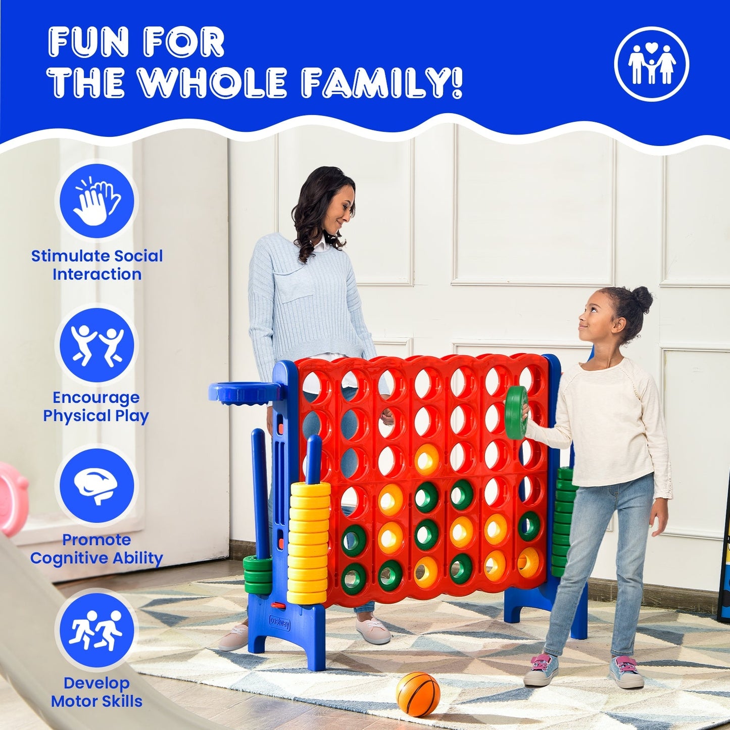 Premium Plastic Jumbo Connect 4 Game with 42 Jumbo Rings & Quick-Release Slider