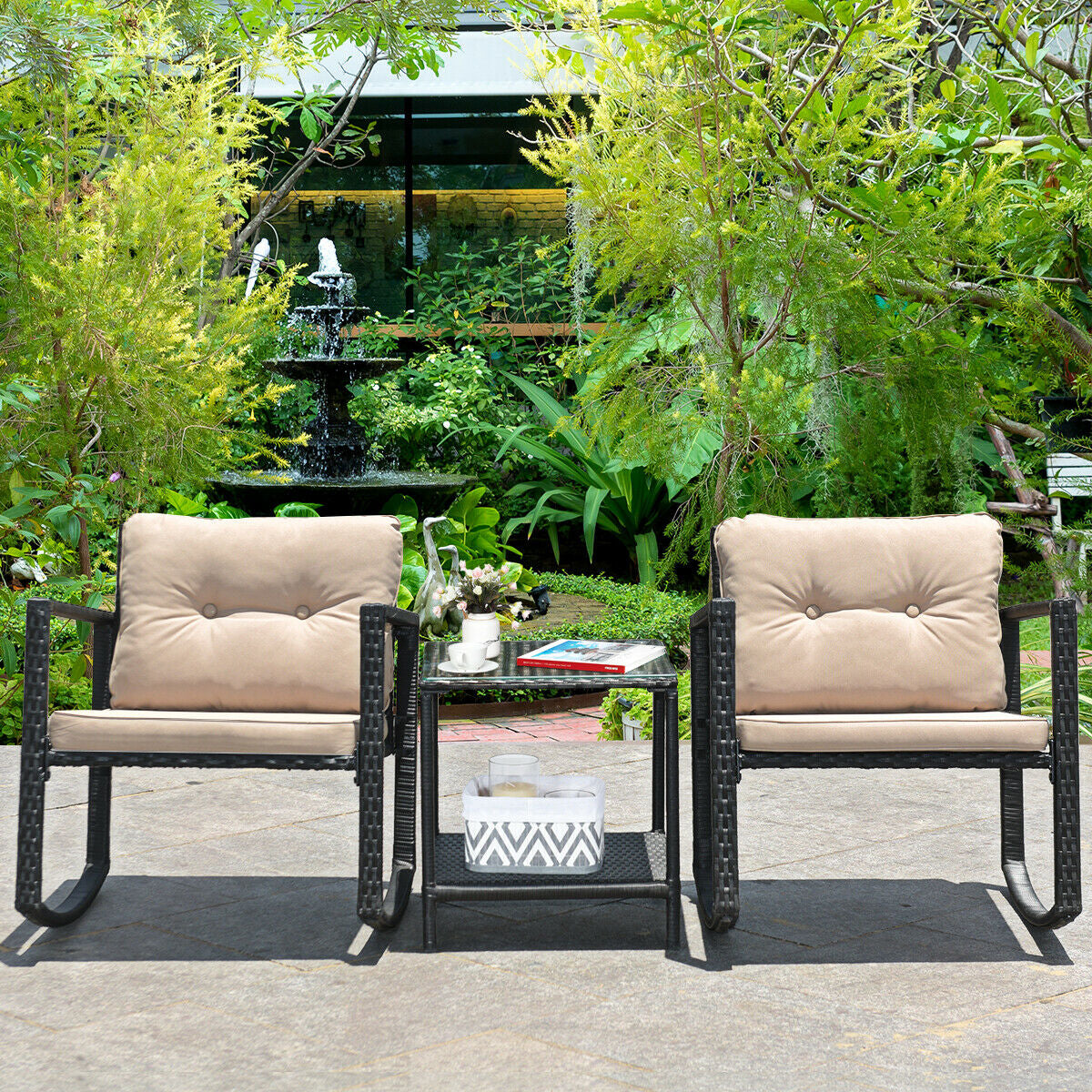3 Pieces Outdoor Rocking Bistro Set for Garden, Backyard &amp; Poolside-Beige