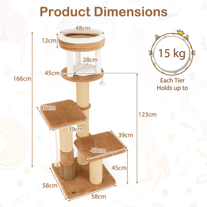 166 cm Tall Cat Tree with Self-groomer and Removable Cat Bed-Coffee