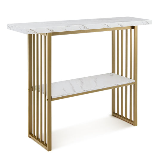 White Faux Marble Sofa Table with Faux Marble Tabletop for Living Room