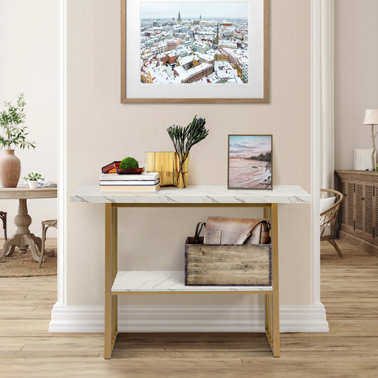 White Faux Marble Sofa Table with Faux Marble Tabletop for Living Room