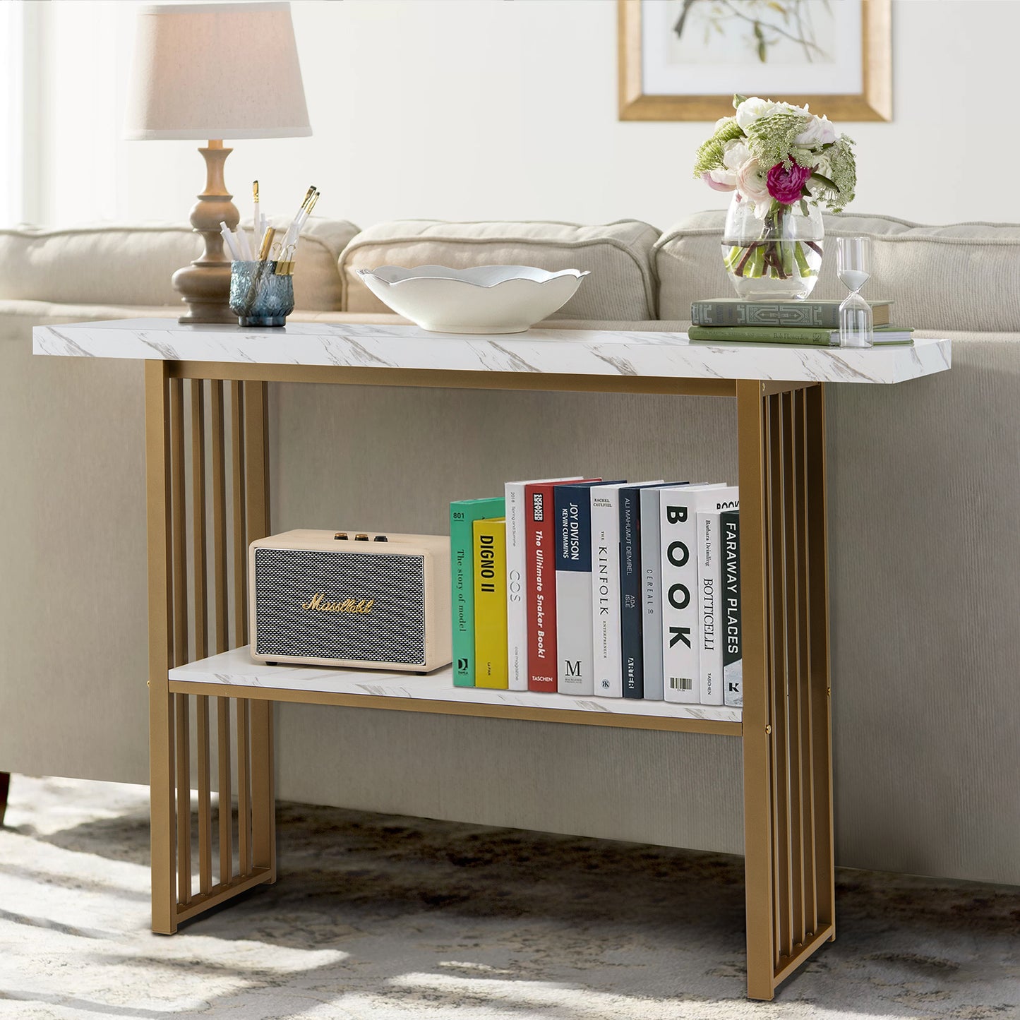 White Faux Marble Sofa Table with Faux Marble Tabletop for Living Room