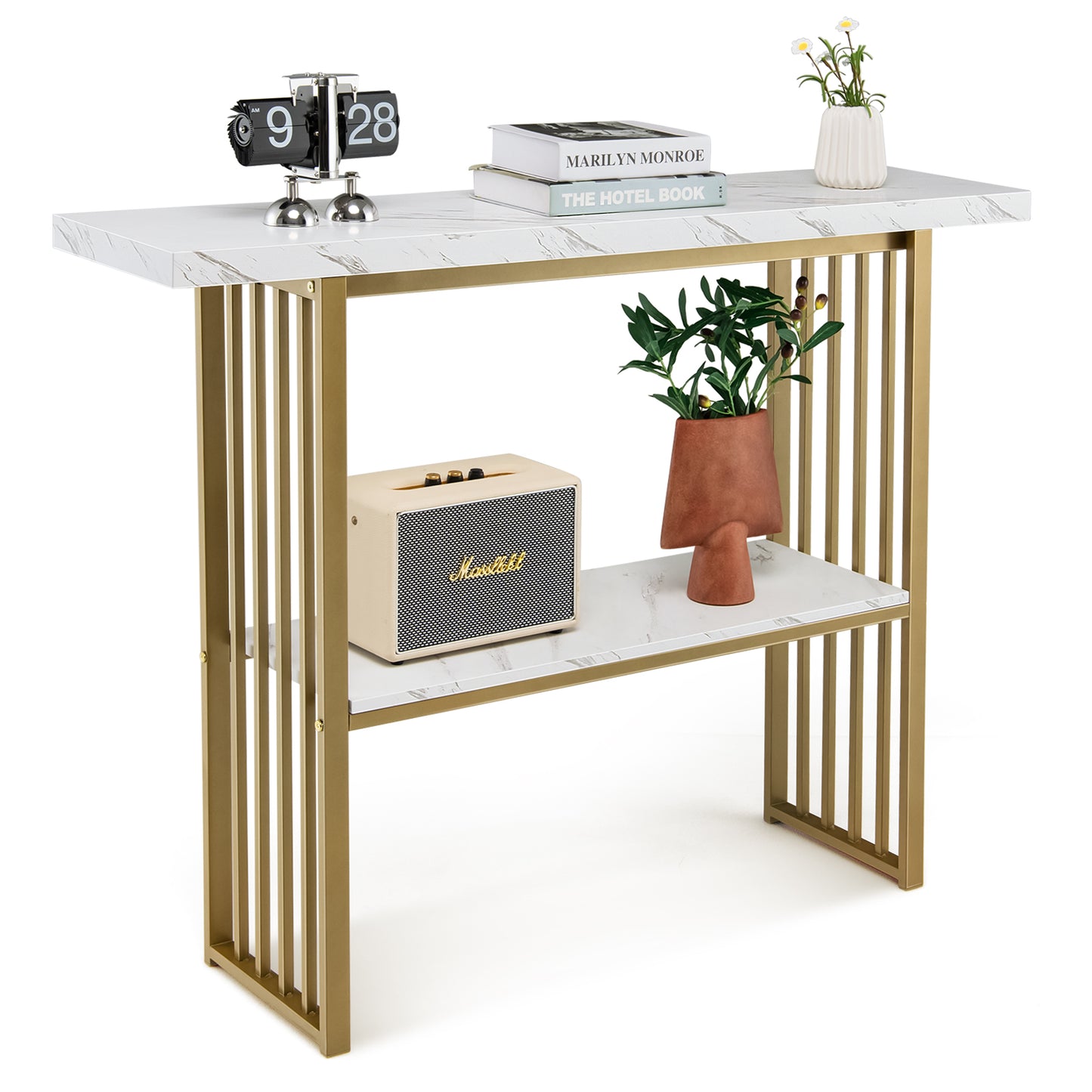 White Faux Marble Sofa Table with Faux Marble Tabletop for Living Room