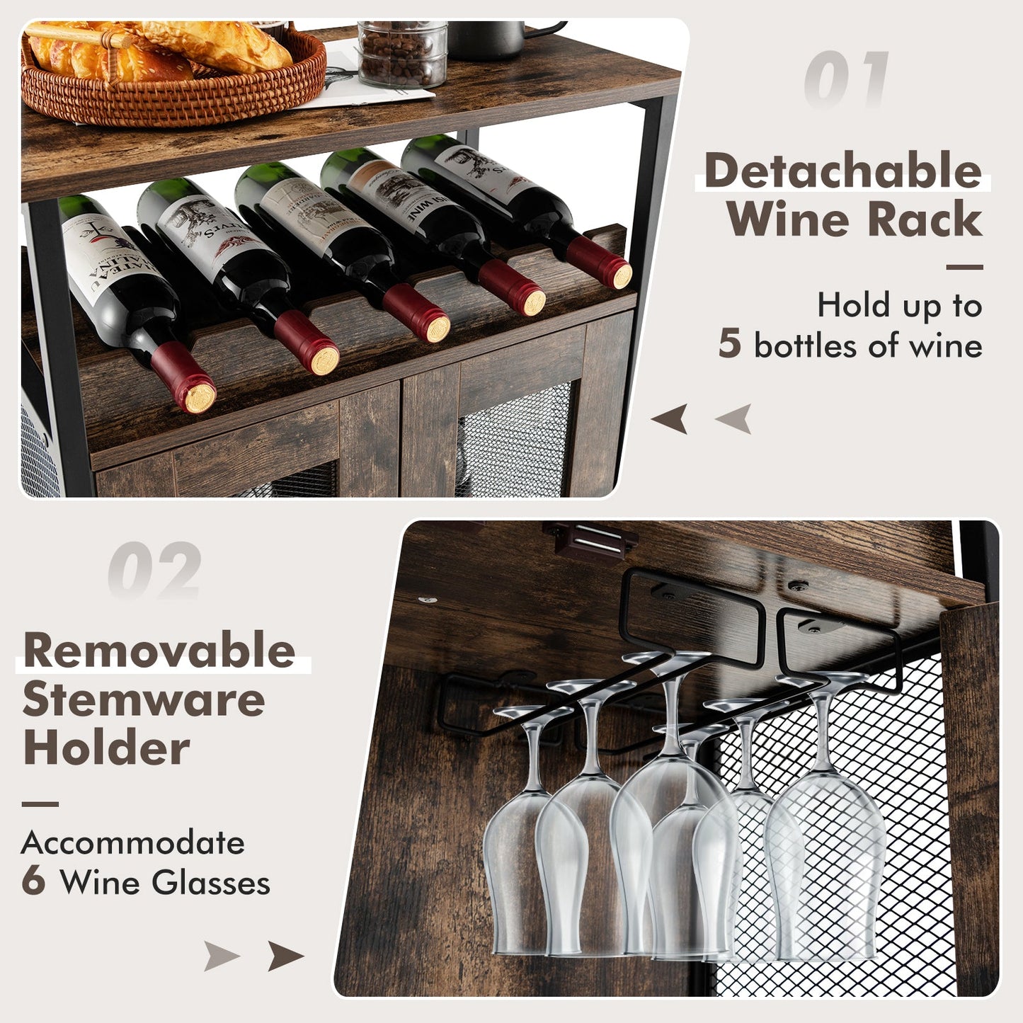 Wine Bar Cabinet with Removable Wine Rack & Glass Holder for Kitchen
