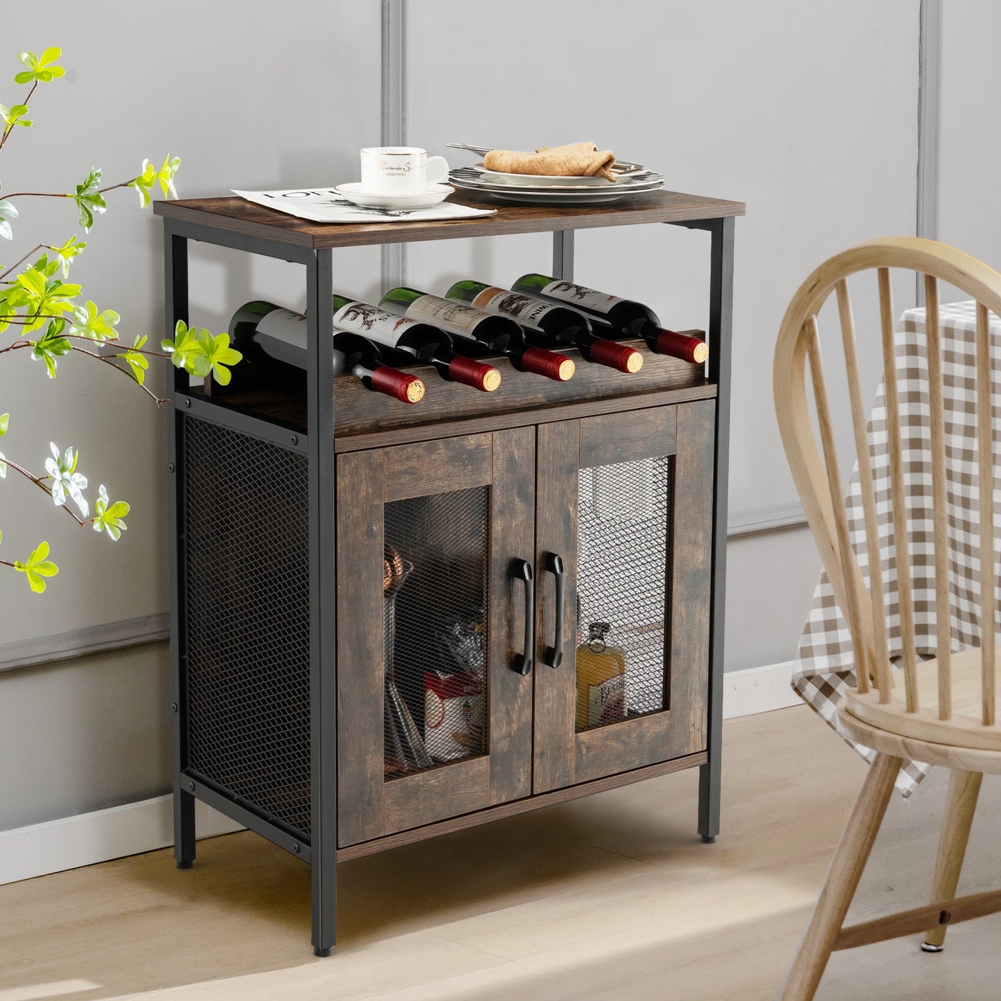 Wine Bar Cabinet with Removable Wine Rack & Glass Holder for Kitchen