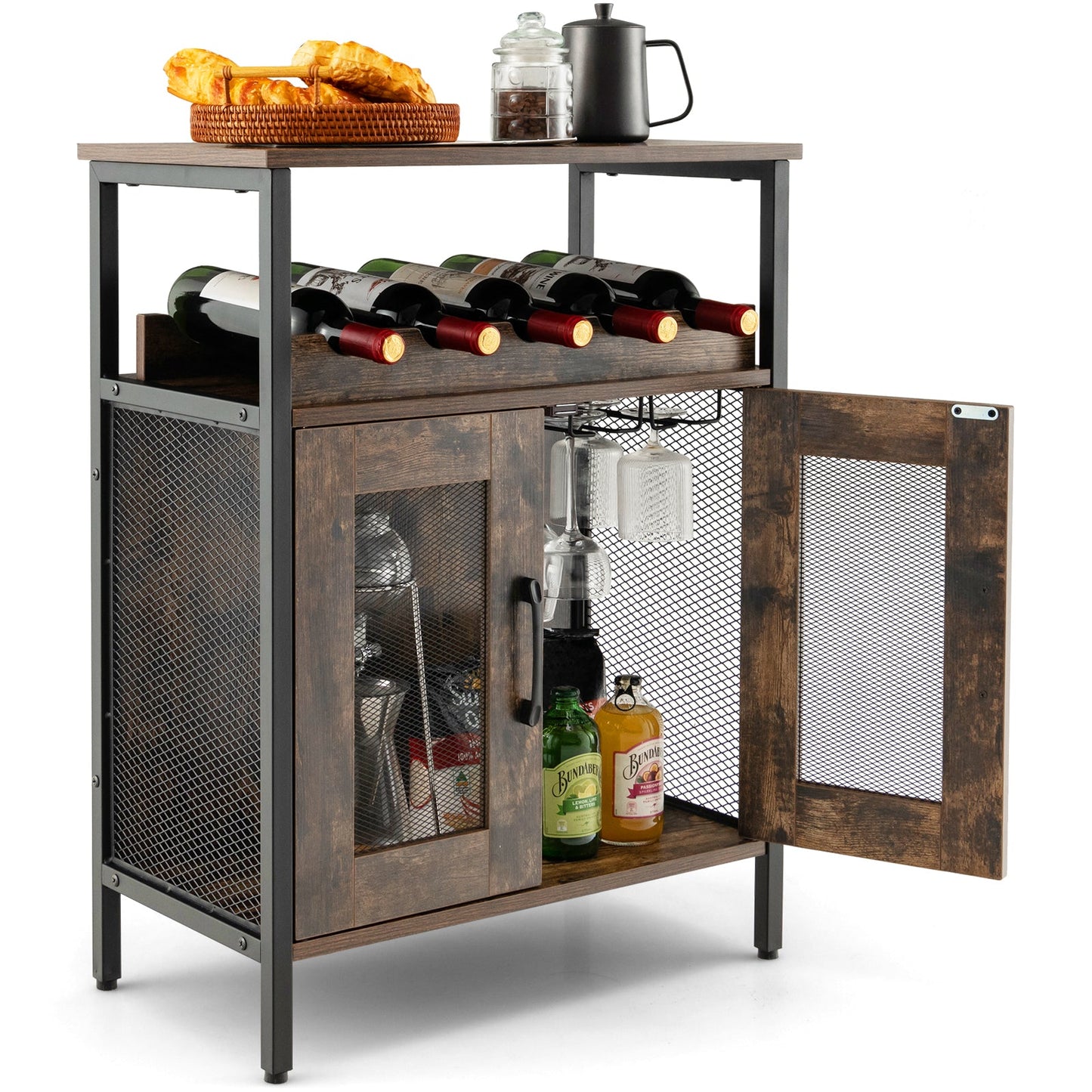 Wine Bar Cabinet with Removable Wine Rack & Glass Holder for Kitchen
