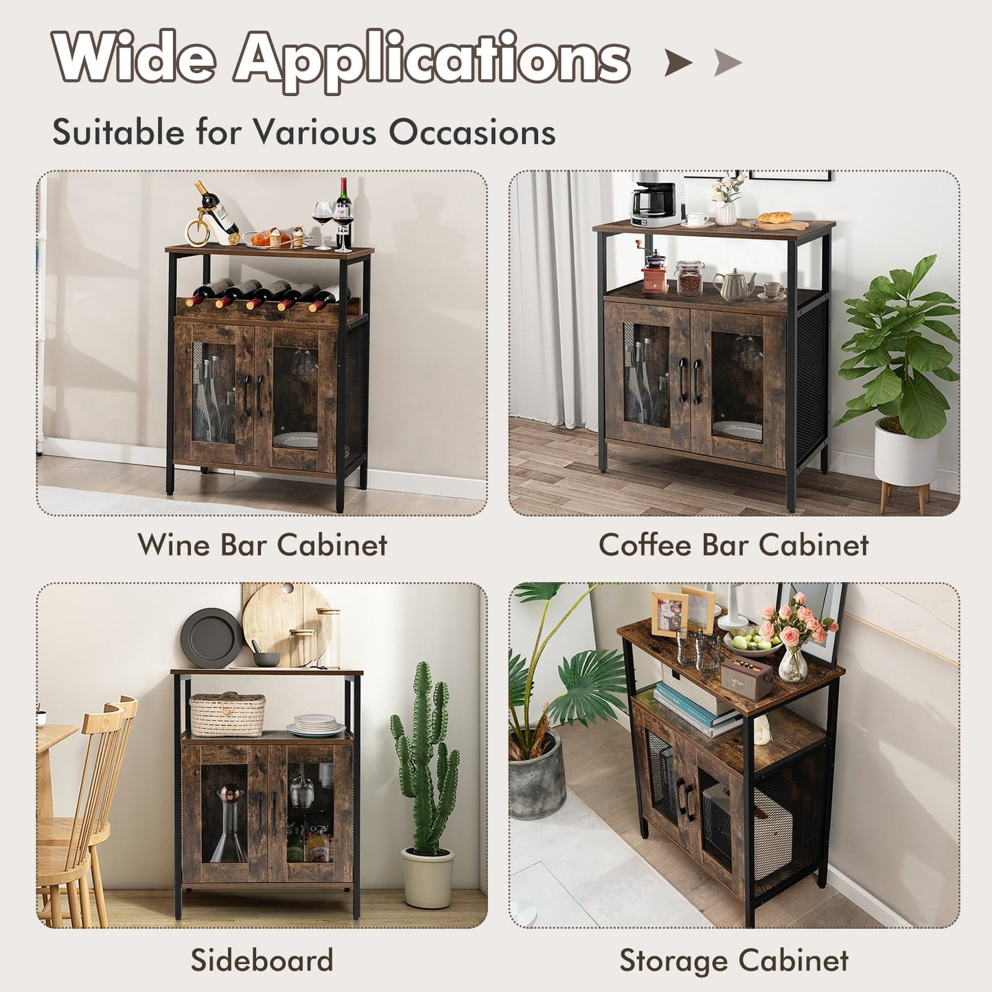 Wine Bar Cabinet with Removable Wine Rack & Glass Holder for Kitchen