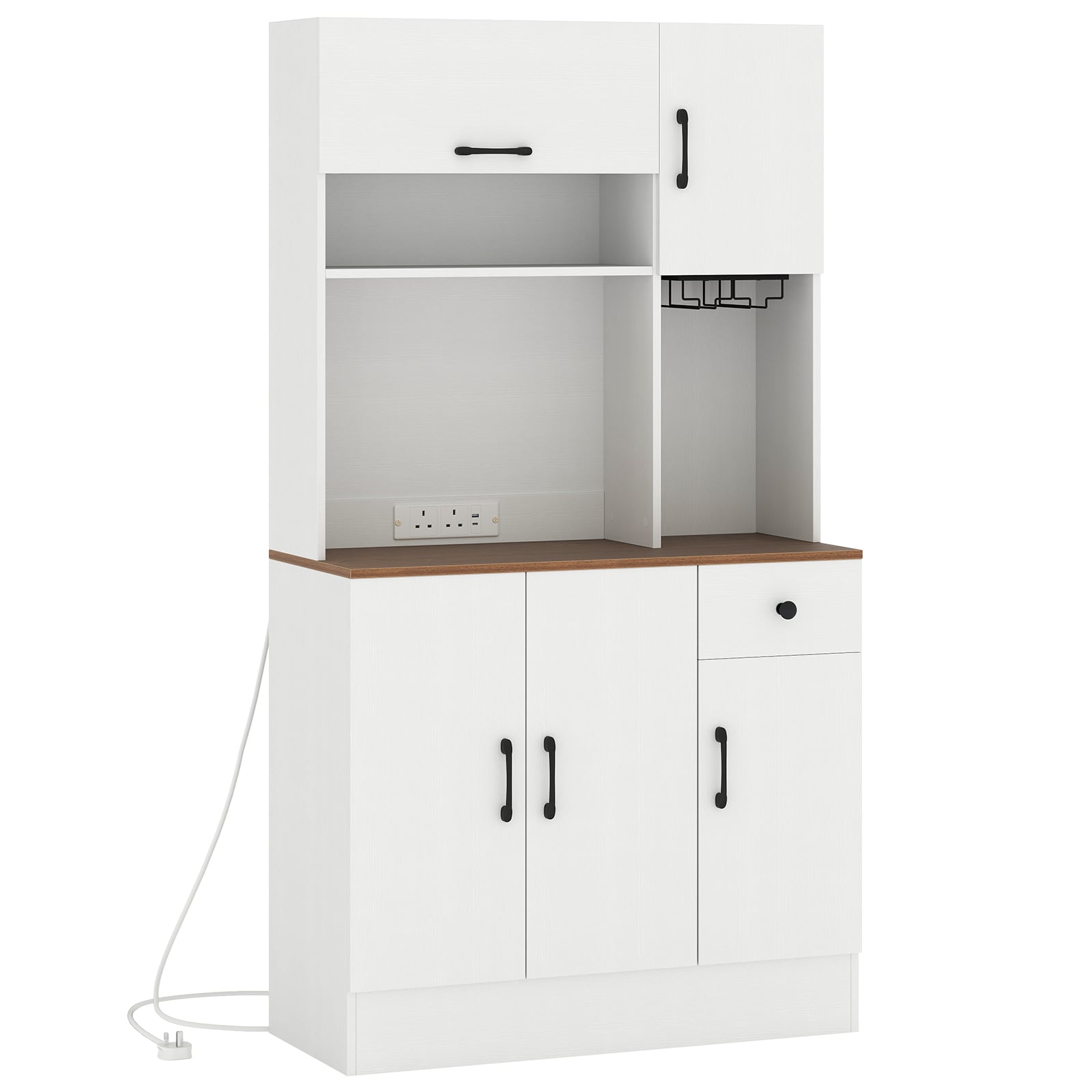 167cm Tall Pantry Cabinet with Hutch and Power Outlets-White
