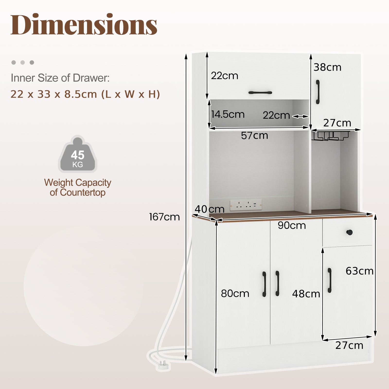 167cm Tall Pantry Cabinet with Hutch and Power Outlets-White
