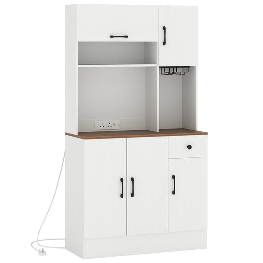 167cm Tall Pantry Cabinet with Hutch and Power Outlets in White