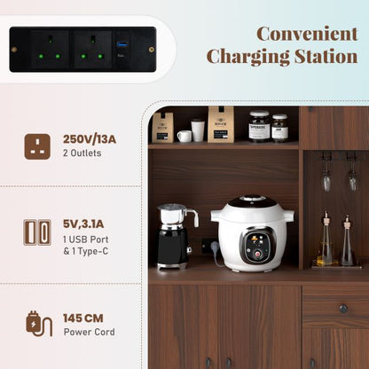 167cm Tall Pantry Cabinet with Hutch and Power Outlets-Walnut