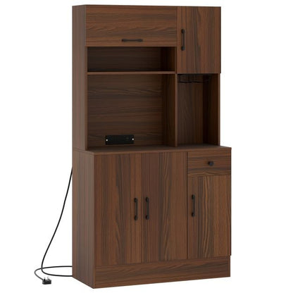 167cm Tall Pantry Cabinet with Hutch and Power Outlets-Walnut