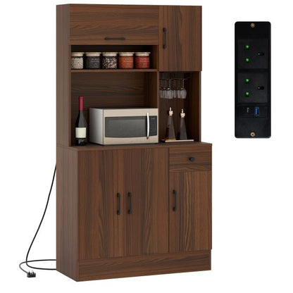 167cm Tall Pantry Cabinet with Hutch and Power Outlets-Walnut
