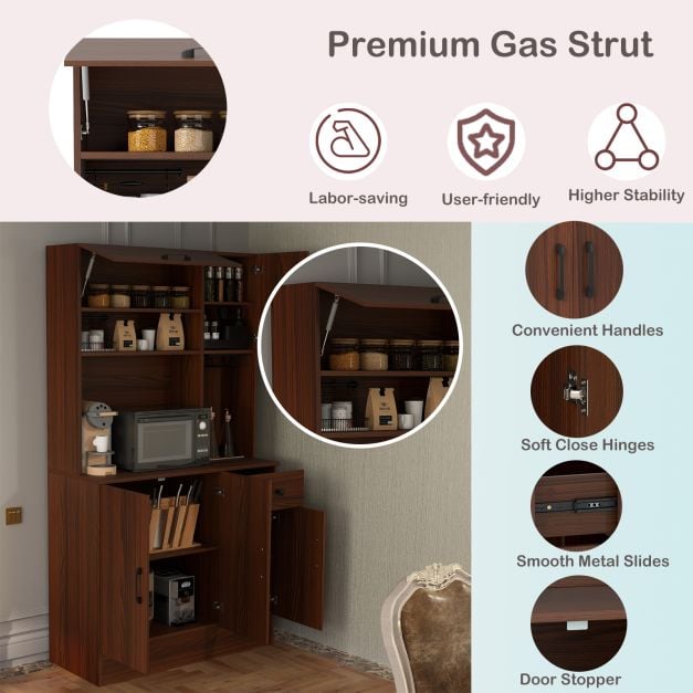 167cm Tall Pantry Cabinet with Hutch and Power Outlets-Walnut