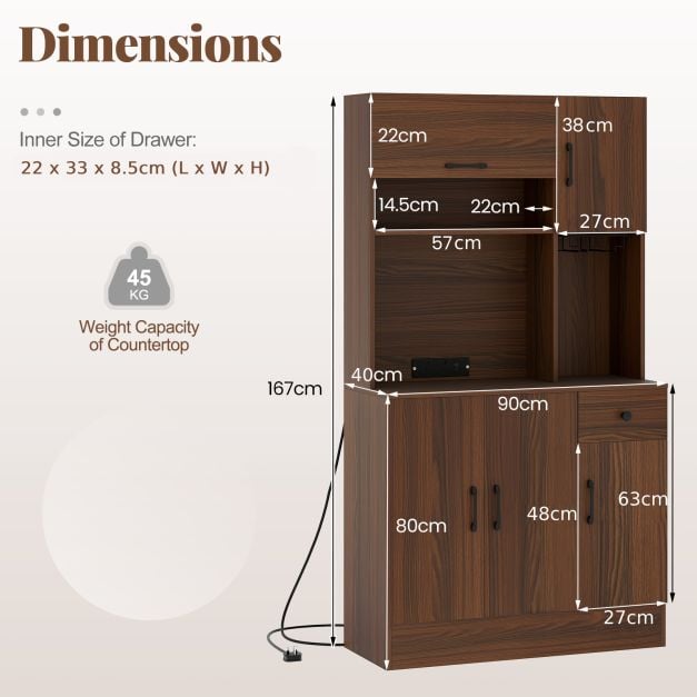 167cm Tall Pantry Cabinet with Hutch and Power Outlets-Walnut