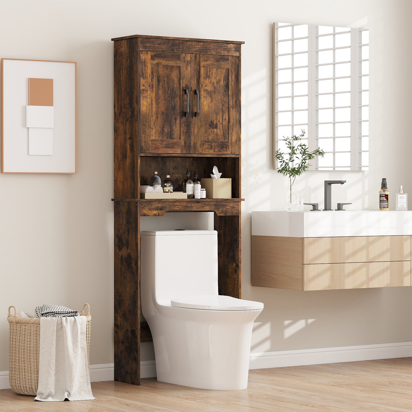 168 CM Over The Toilet Storage Cabinet with 2 Doors and Adjustable Shelf-Rustic Brown