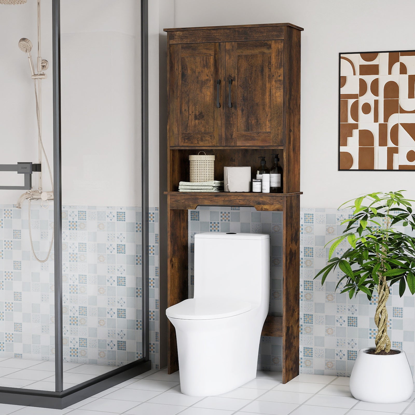 168 CM Over The Toilet Storage Cabinet with 2 Doors and Adjustable Shelf-Rustic Brown