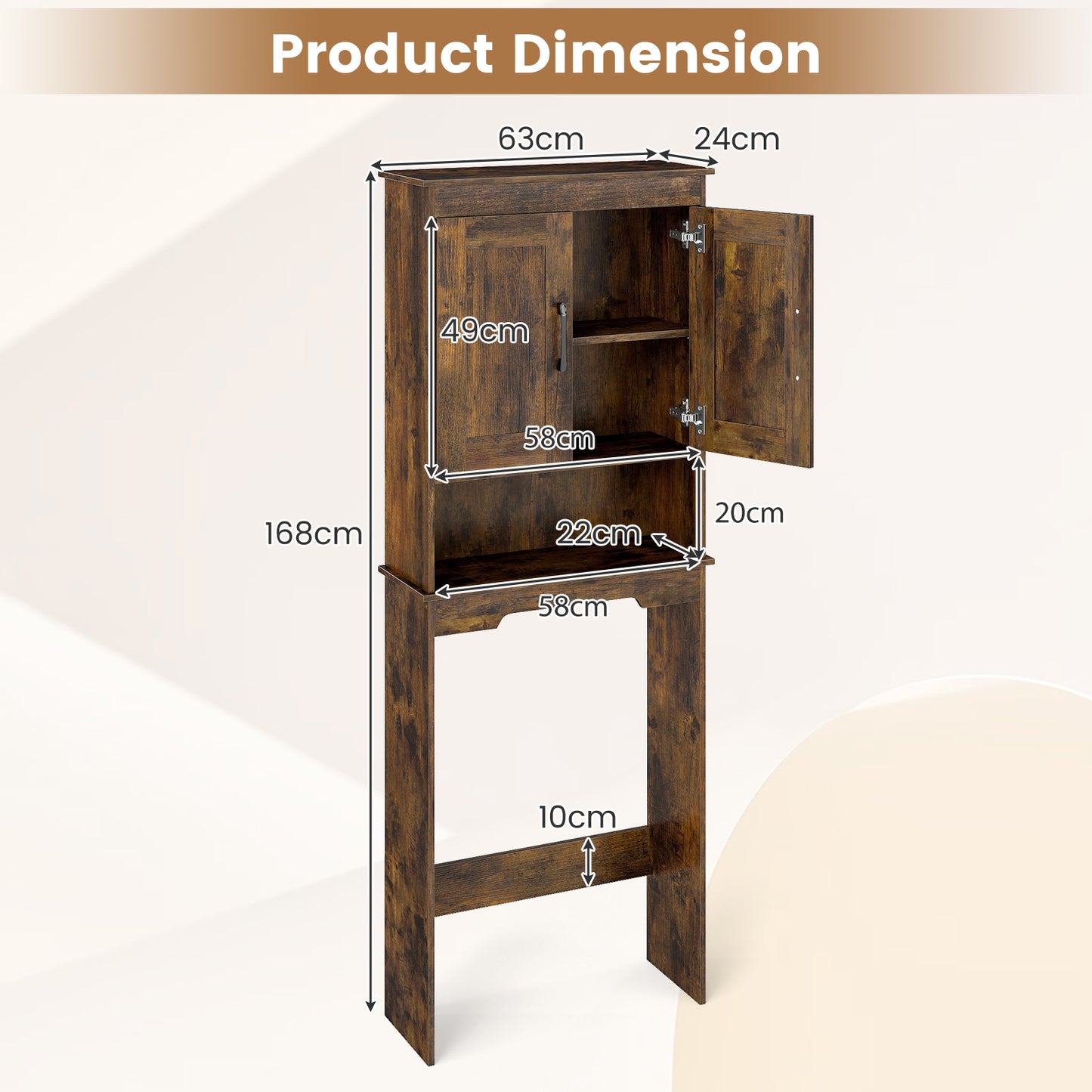 168 CM Over The Toilet Storage Cabinet with 2 Doors and Adjustable Shelf-Rustic Brown