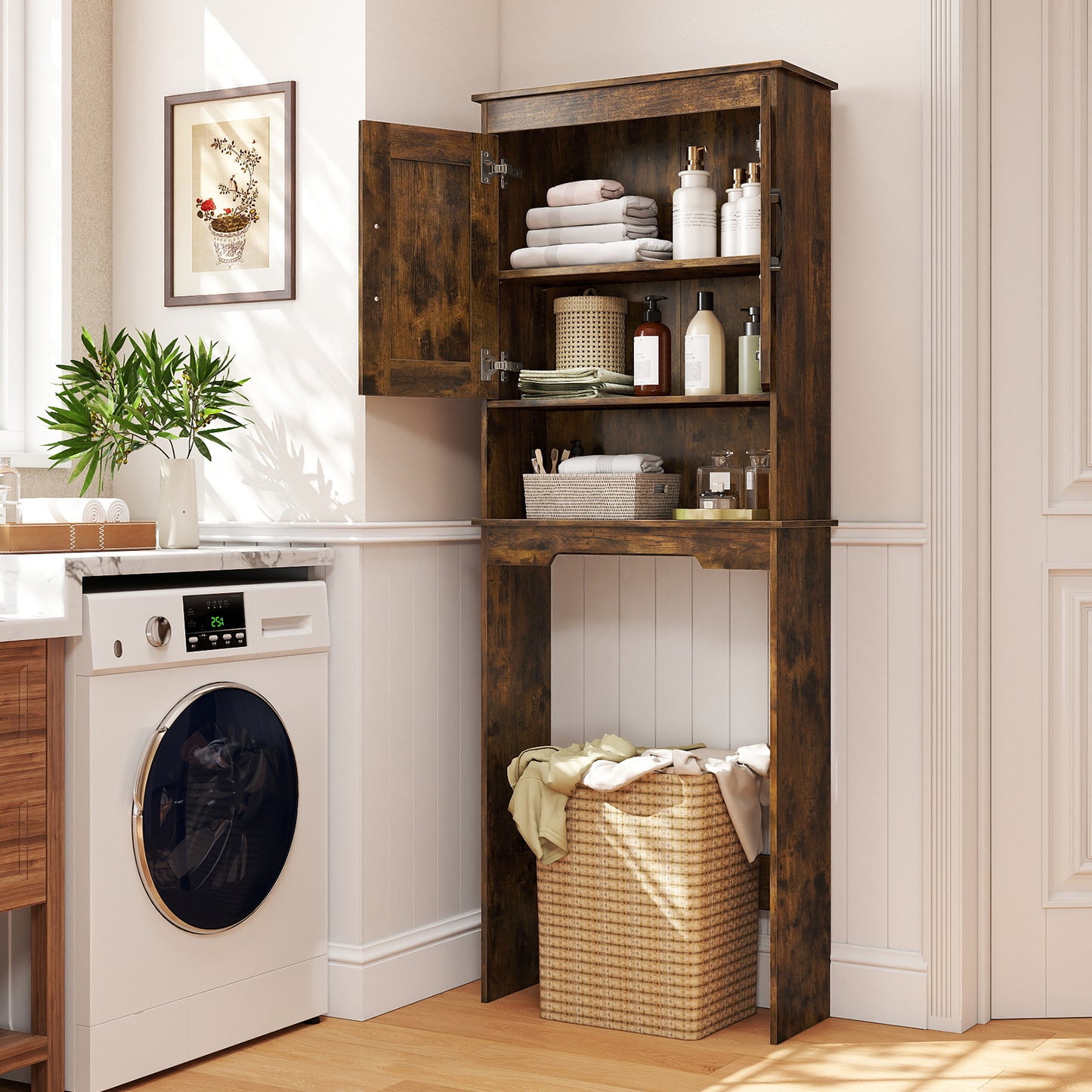 168 CM Over The Toilet Storage Cabinet with 2 Doors and Adjustable Shelf-Rustic Brown
